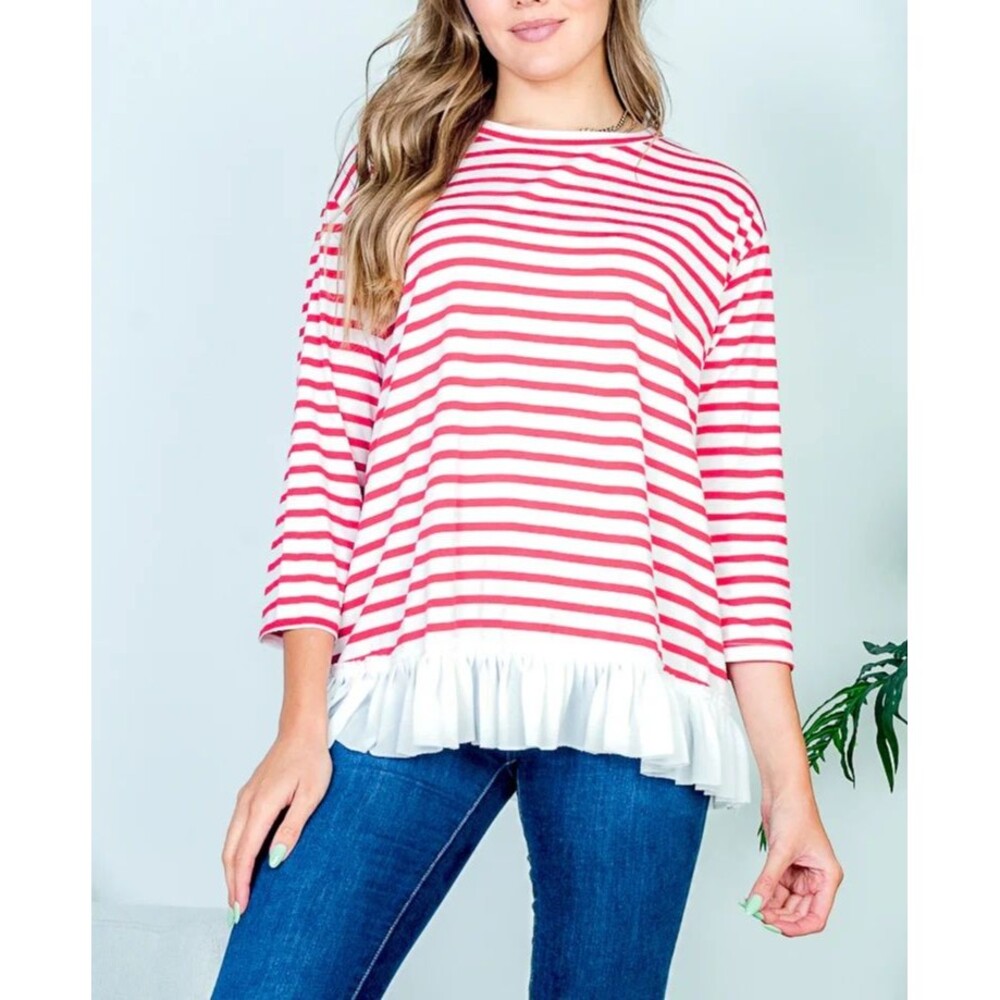 Women’s Boat Neck 3/4 Sleeve Red & White Striped Top Ruffle Hem Size M